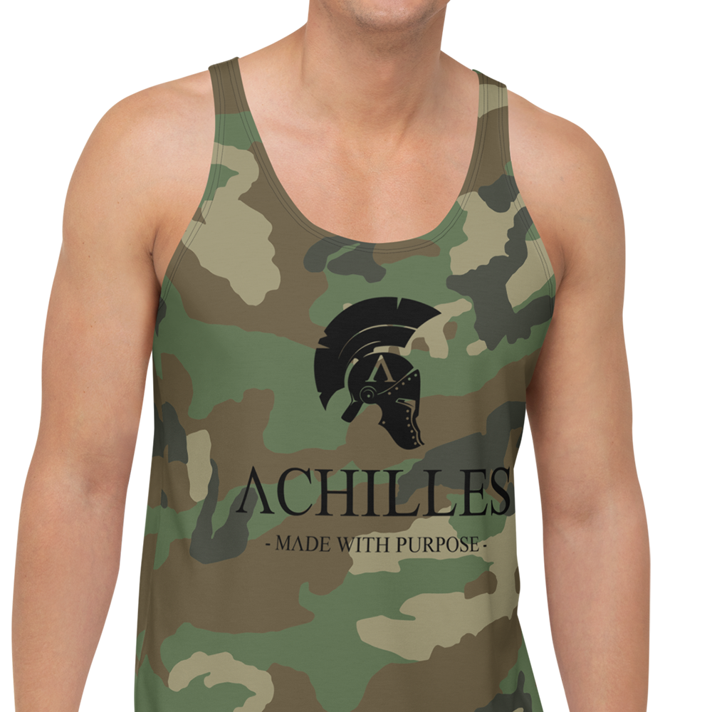 Front view of man wearing Green DPM CAM sleeveless Tank top by Achilles Tactical Clothing Brand printed with Black signature design