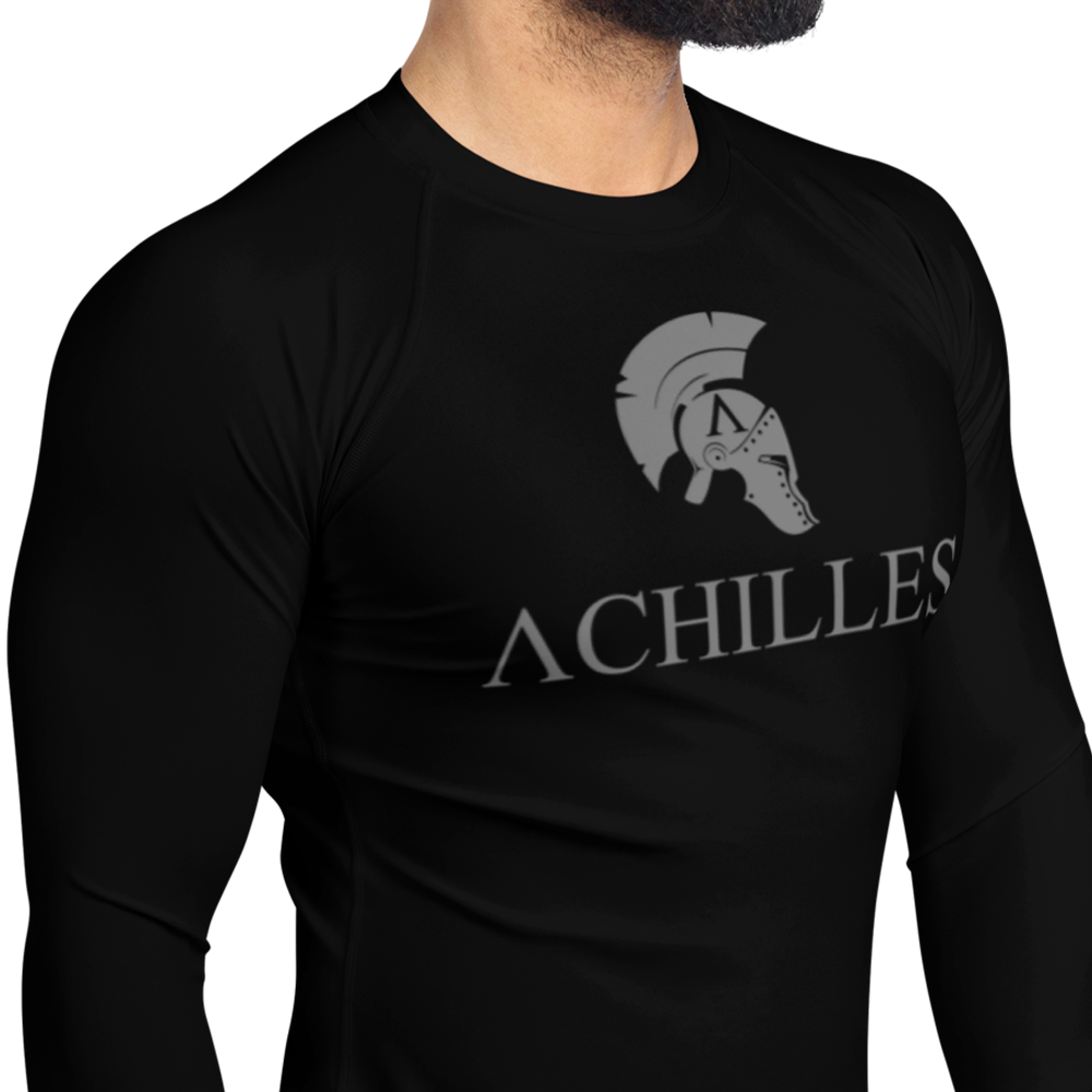 Front Right view of man in black long sleeve unisex fit Rash Guard by Achilles Tactical Clothing Brand with Signature design in grey
