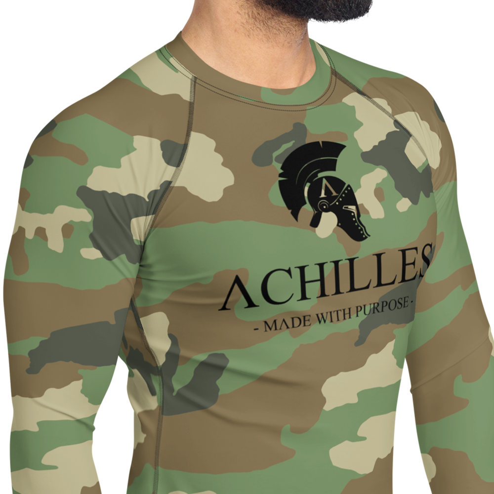 Front right view of man in DPM Cam long sleeve unisex fit Rash Guard by Achilles Tactical Clothing Brand with Signature design in black