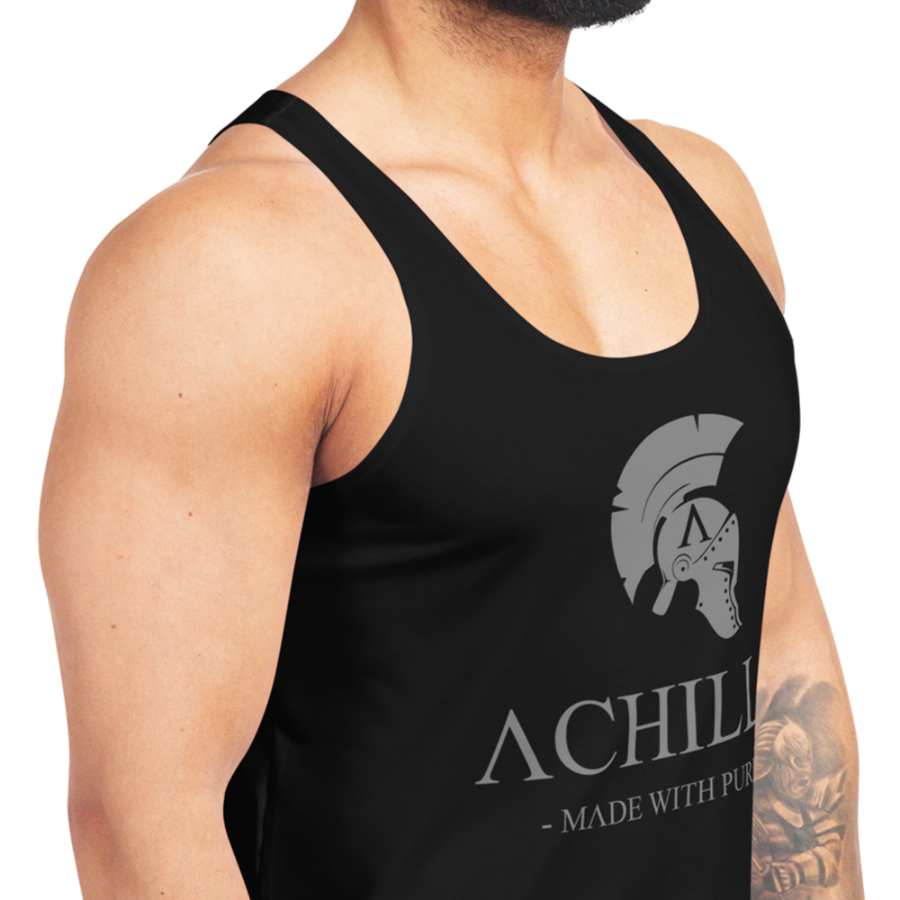 Signature Right of man view of Black sleeveless Tank Top by Achilles Tactical Clothing Brand