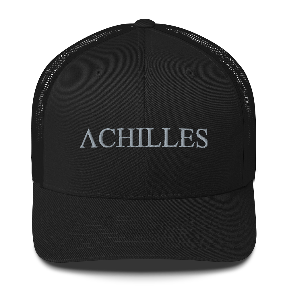 Top Front view of Achilles mesh snap back embroidered achilles black cap