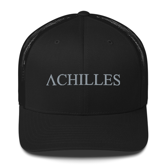 Top Front view of Achilles mesh snap back embroidered achilles black cap