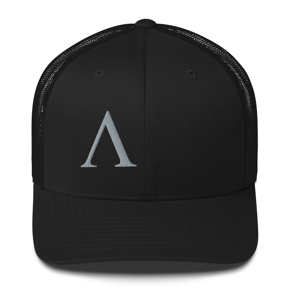 Top Front view of Alpha mesh snap back embroidered achilles black cap