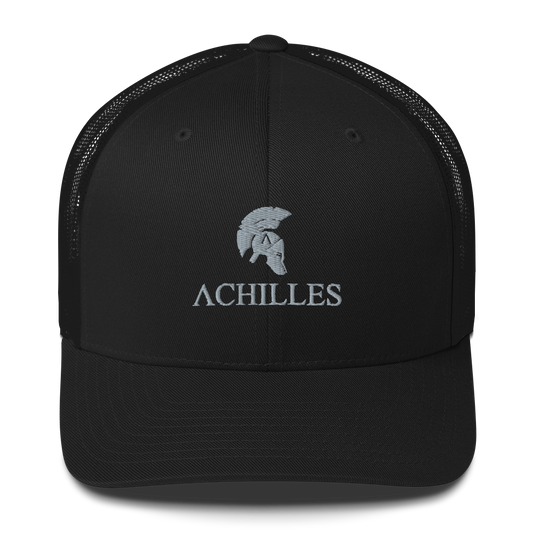 Top Front view of Signature mesh snap back embroidered achilles black cap