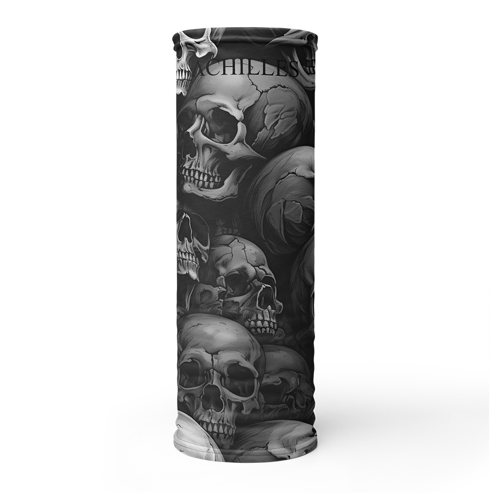 Tube View of Skull design Achilles Tactical Clothing Brand head face and neck tube printed with Black Achilles Icon Logo design