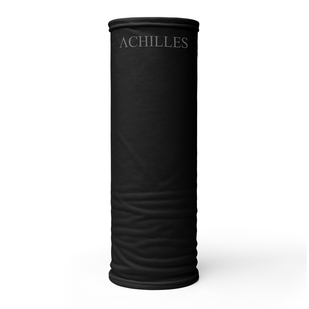 Tube View of black Achilles Tactical Clothing Brand head face and neck tube printed with wolf grey Achilles Icon Logo design
