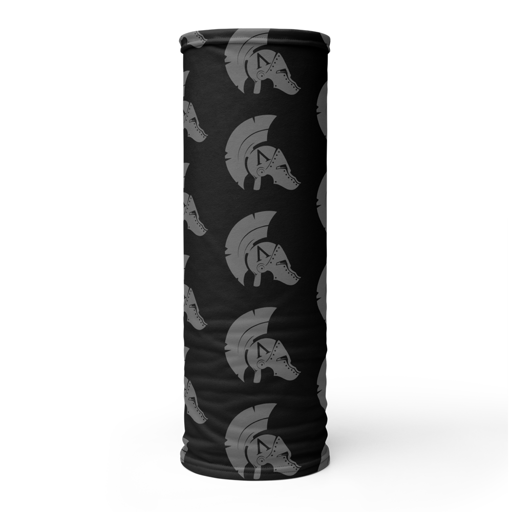 Tube View of black Achilles Tactical Clothing Brand head face and neck tube printed with wolf grey repeating Achilles Helmet Icon Logo design