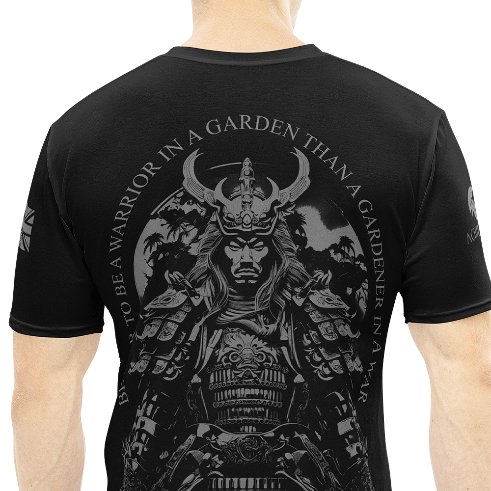 Warrior in a garden back view of man wearing black short sleeve unisex fit Athletic Tee by Achilles Tactical Clothing Brand 