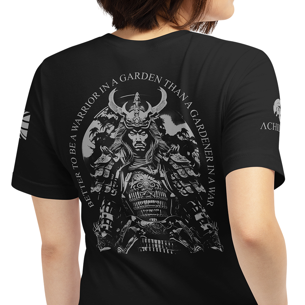 Warrior in a garden back view of man wearing black short sleeve unisex fit Athletic Tee by Achilles Tactical Clothing Brand 