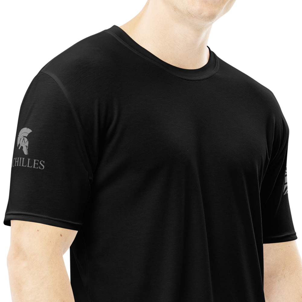 Warrior in a garden Front right view of man wearing black short sleeve unisex fit Athletic Tee by Achilles Tactical Clothing Brand 