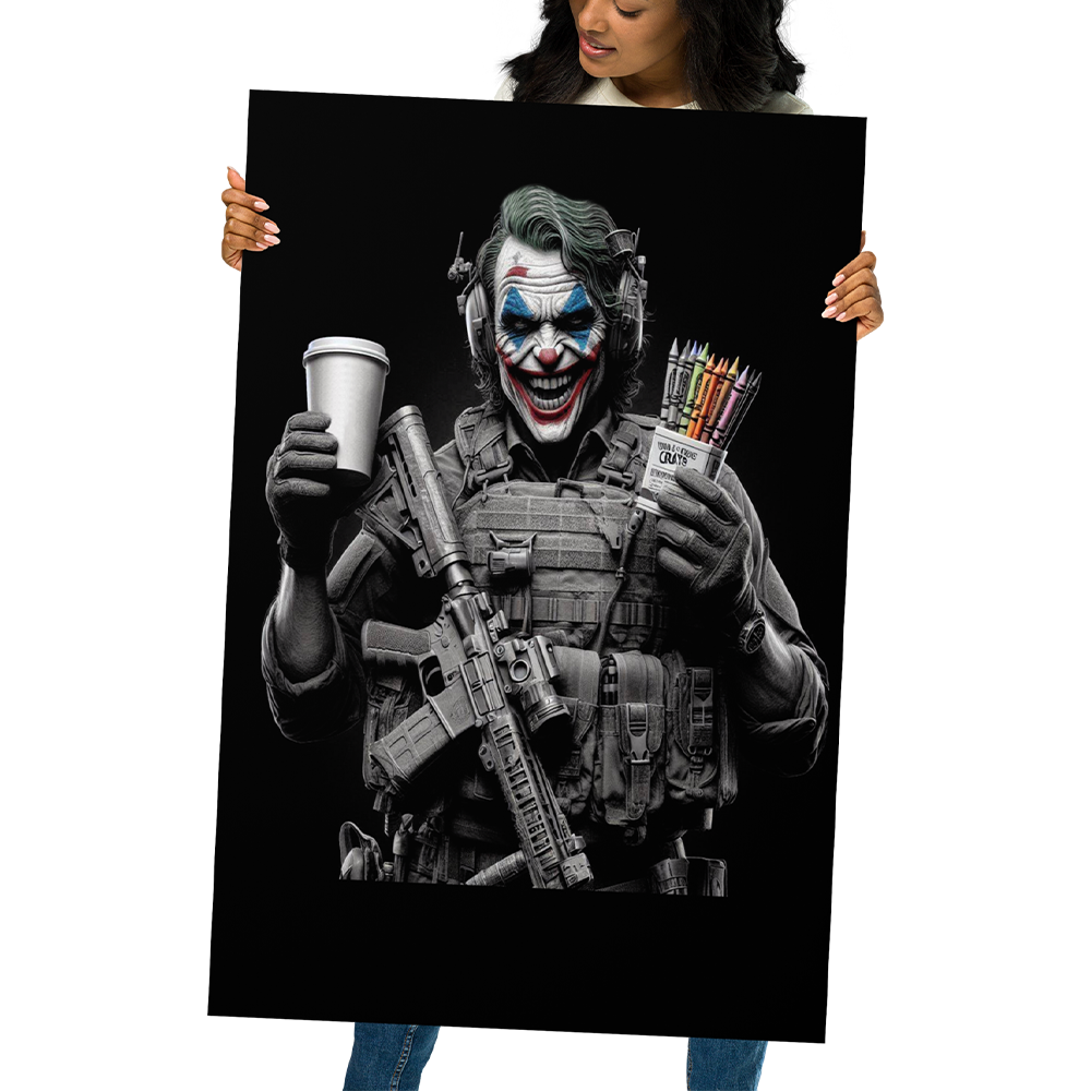 Woman holding original art print rom Achilles Tactical Clothing Brand of Tactical Clown design