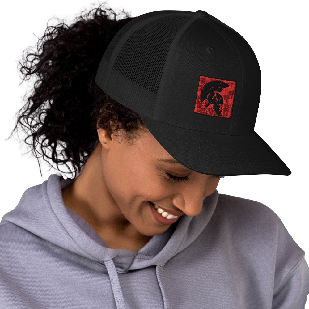 Woman wearing front right mesh snap back embroidered achilles black cap