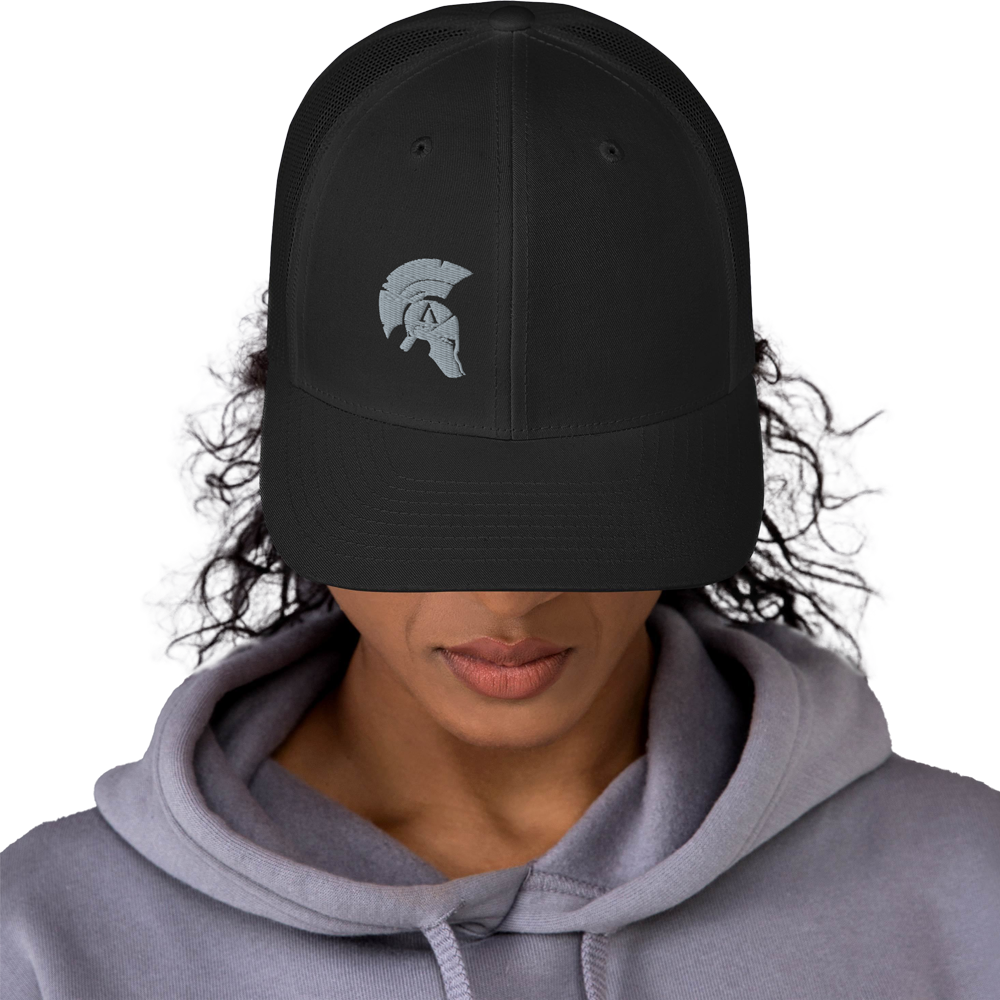 Front view of woman wearing of ICON mesh snap back embroidered achilles black cap