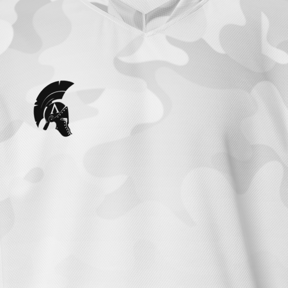 Close up front view of arctic camo-fade short sleeve unisex fit Performance Jersey by Achilles Tactical Clothing Brand