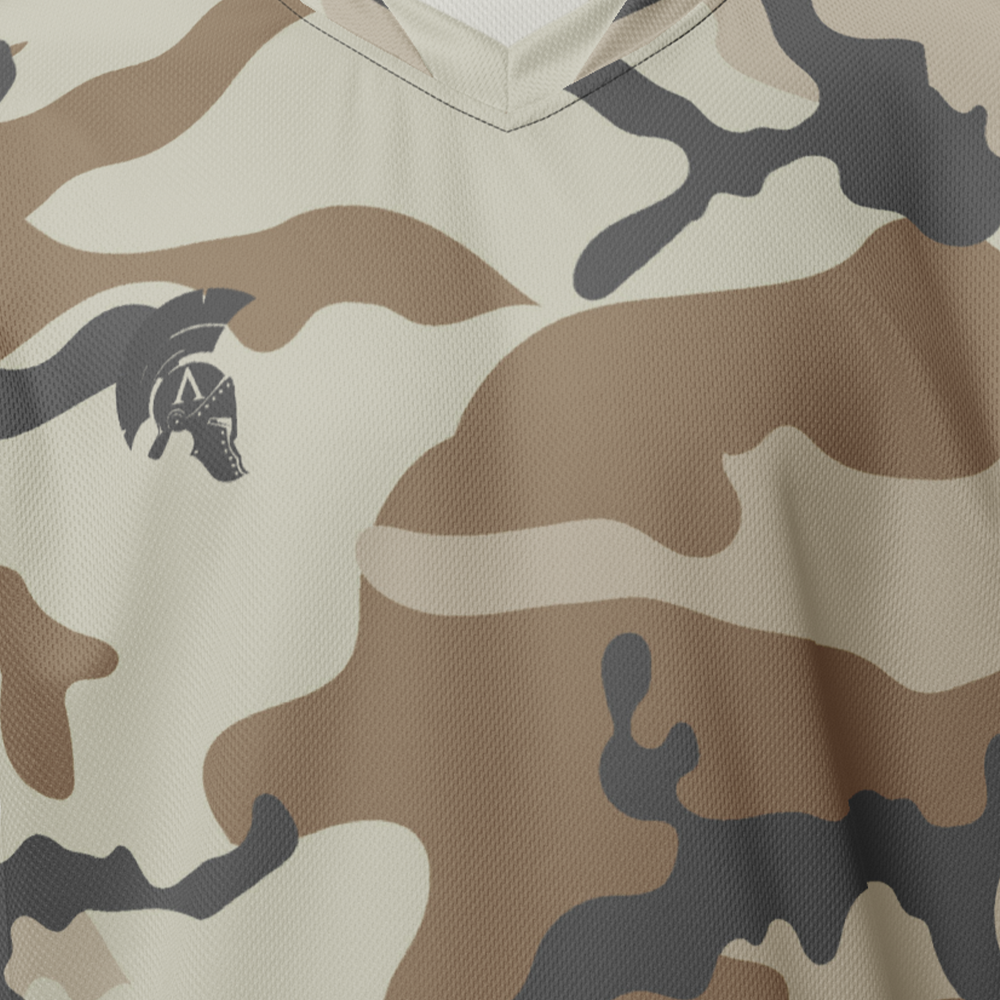 Close up front view of desert storm camo short sleeve unisex fit Performance Jersey by Achilles Tactical Clothing Brand