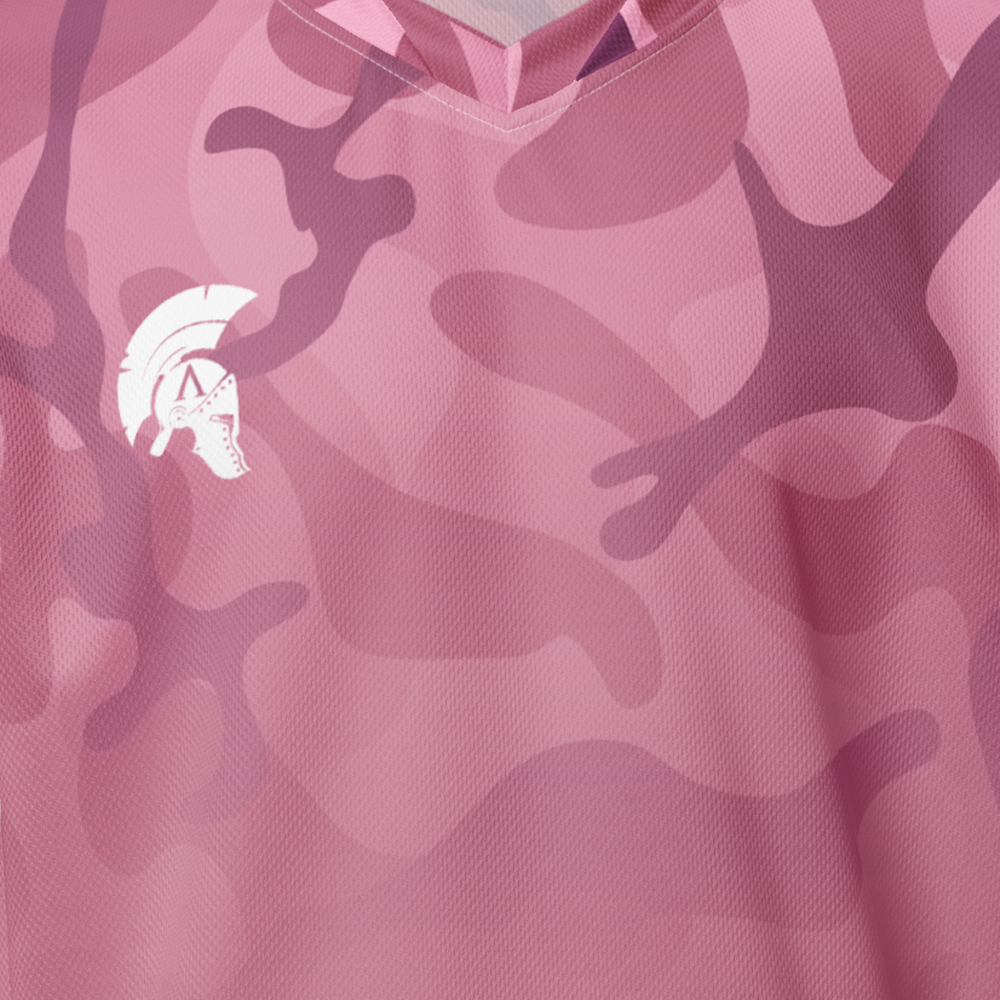 Close up front view of pink mist camo-fade short sleeve unisex fit Performance Jersey by Achilles Tactical Clothing Brand