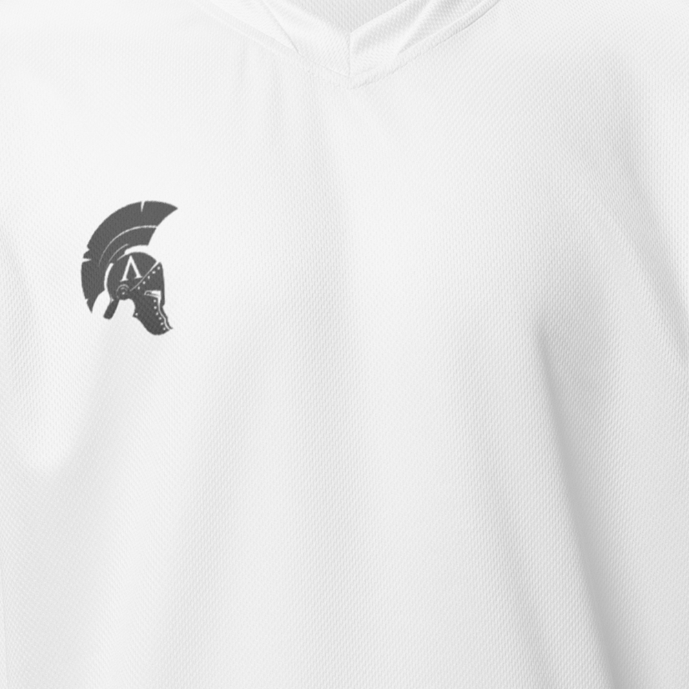 Close up front view of White short sleeve unisex fit Performance Jersey by Achilles Tactical Clothing Brand