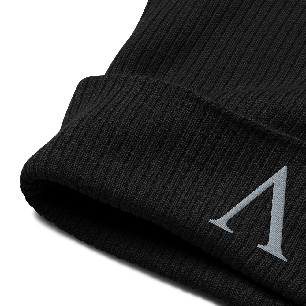 Close Up front view of black cotton organic ribbed beanie with Achilles Tactical Clothing Brand embroidered Alpha logo in wolf grey