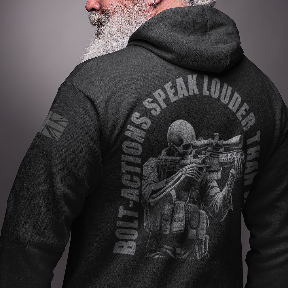 Close up of back of man view of Black unisex fit zipper hoodie by Achilles Tactical Clothing Brand with Grey Bolt-Actions Design across back