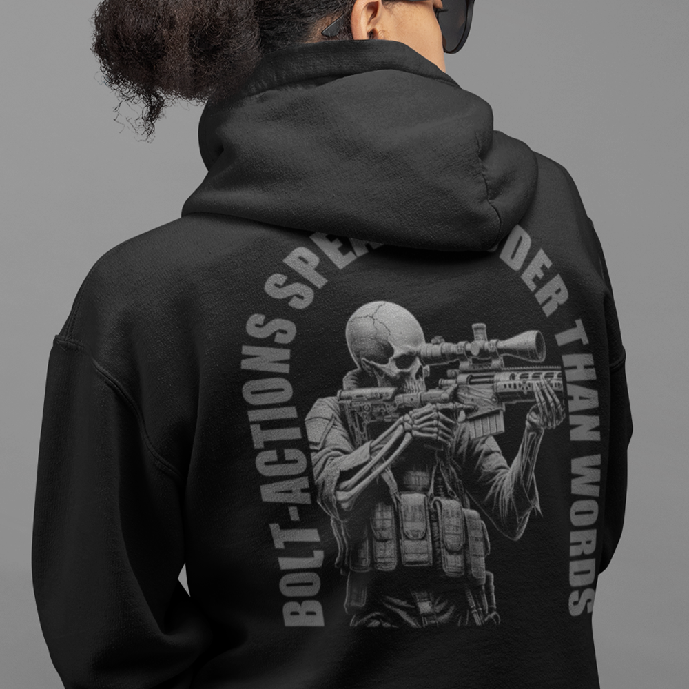 Close up of back of woman view of Black unisex fit zipper hoodie by Achilles Tactical Clothing Brand with Grey Bolt-Actions Design across back