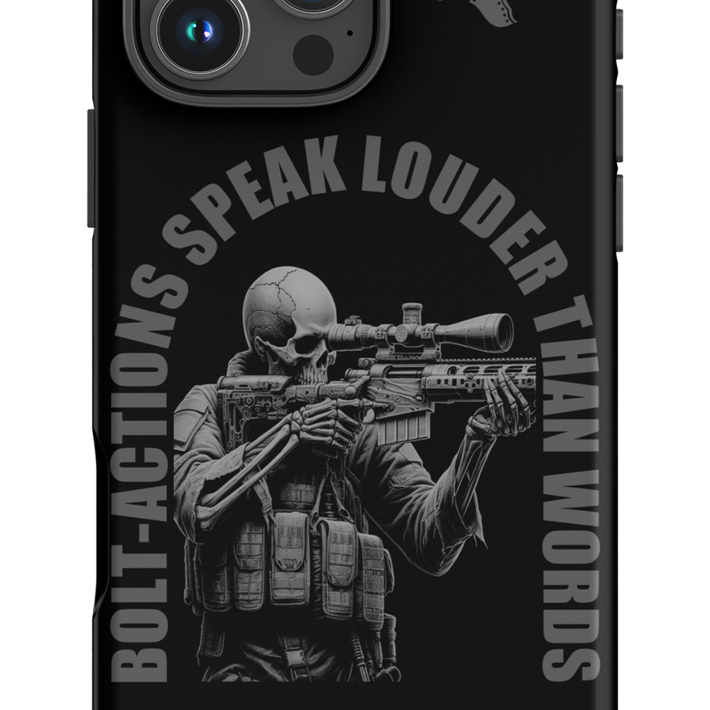 Close up view of Achilles Tactical Clothing Brand case for iphone with bolt-actions design