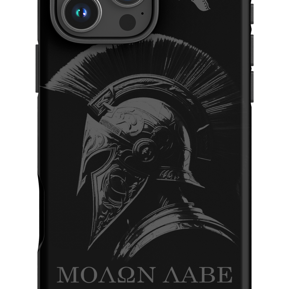 Close up of Front view of Achilles Tactical Clothing Brand case for iphone with molon labe design