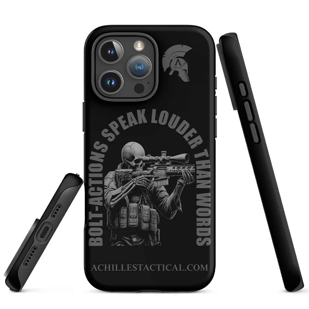 Front and side view of Achilles Tactical Clothing Brand case for iphone with bolt-actions design