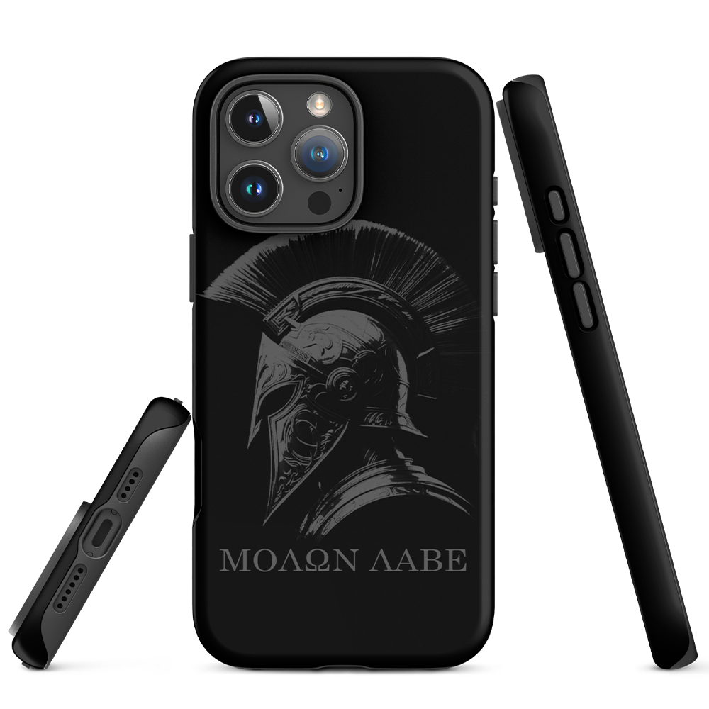 Front and side views of Achilles Tactical Clothing Brand case for iphone with molon labe design