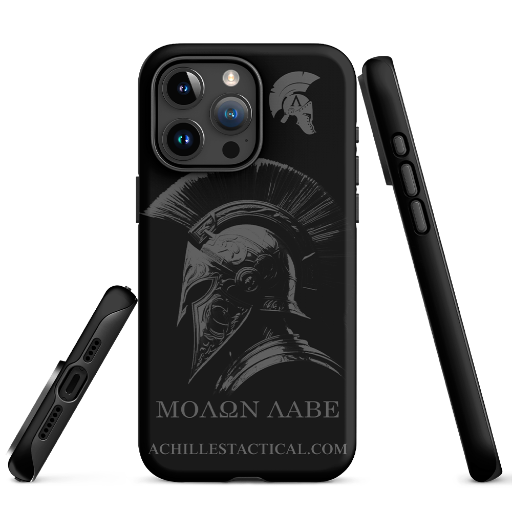 Front and side views of Achilles Tactical Clothing Brand case for iphone with molon labe design