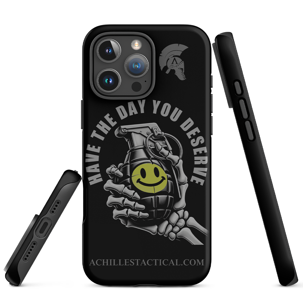 Front and side view of Achilles Tactical Clothing Brand case for iphone with the day you deserve design