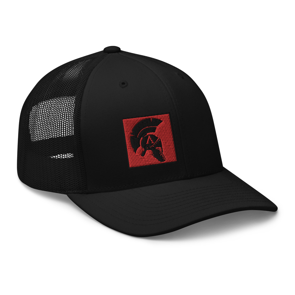 Right Front view mesh snap back embroidered achilles black cap