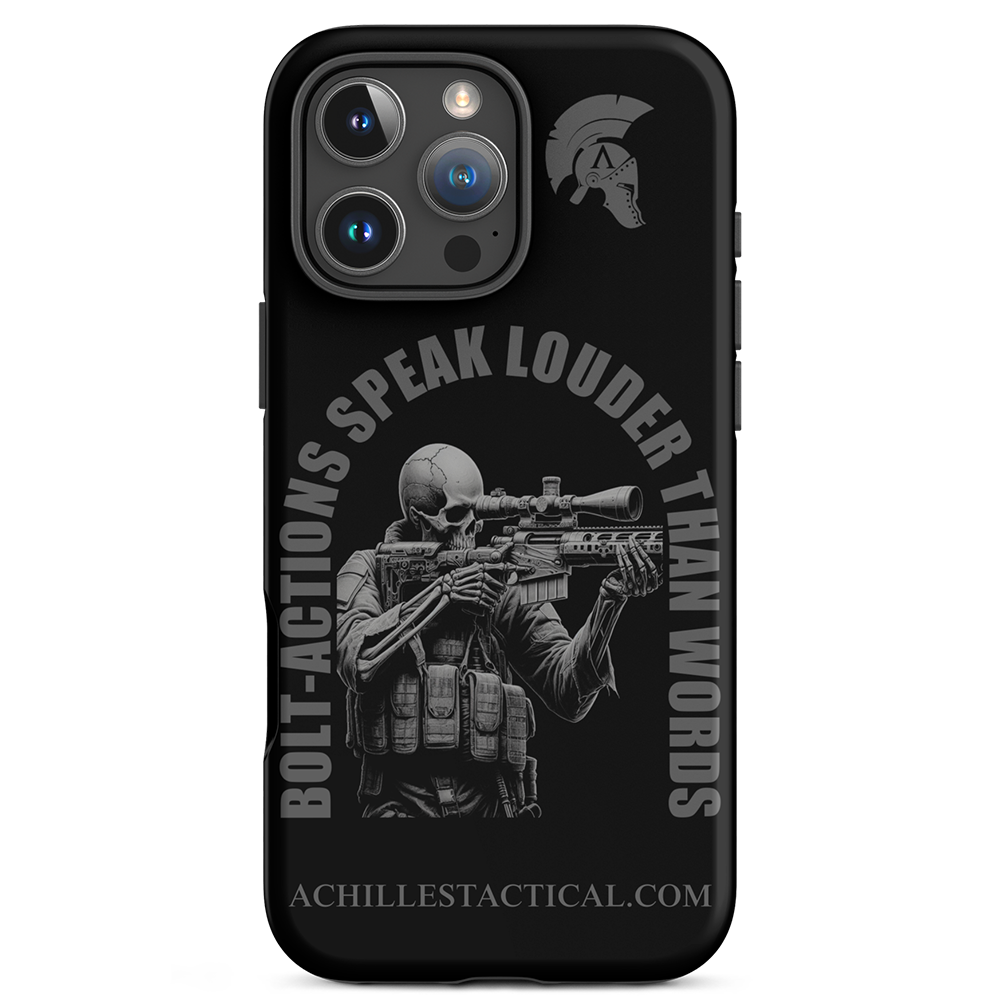 Front view of Achilles Tactical Clothing Brand case for iphone with bolt-actions design