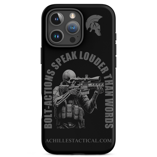 Front view of Achilles Tactical Clothing Brand case for iphone with bolt-actions design