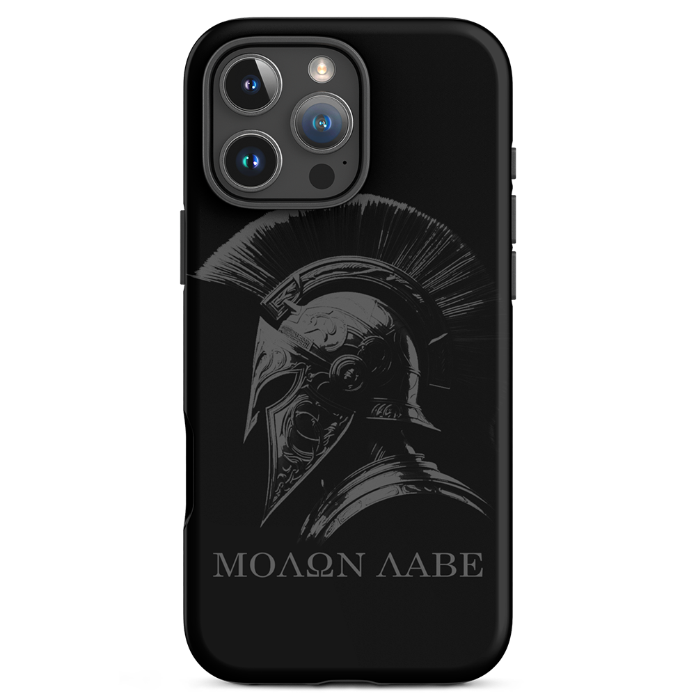 Front view of Achilles Tactical Clothing Brand case for iphone with molon labe design