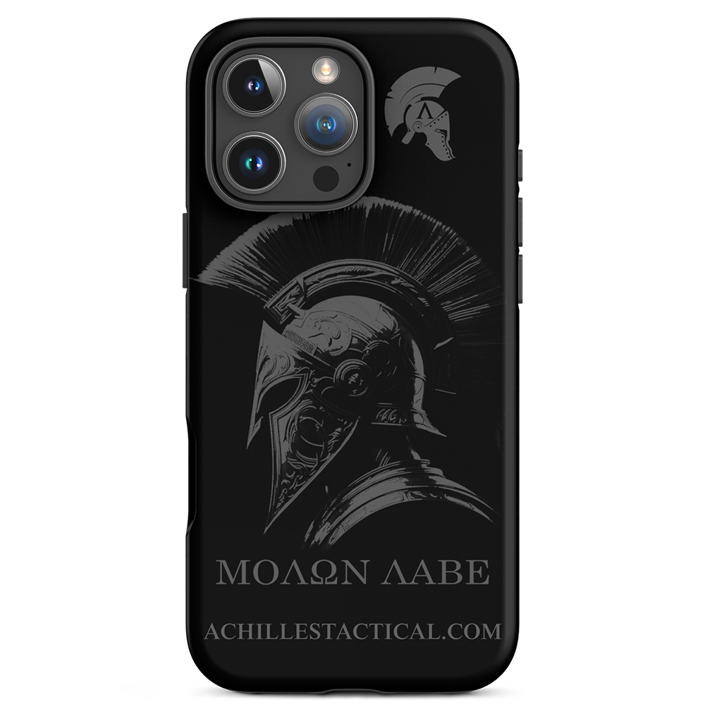 Front view of Achilles Tactical Clothing Brand case for iphone with molon labe design