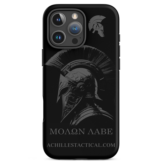 Front view of Achilles Tactical Clothing Brand case for iphone with molon labe design