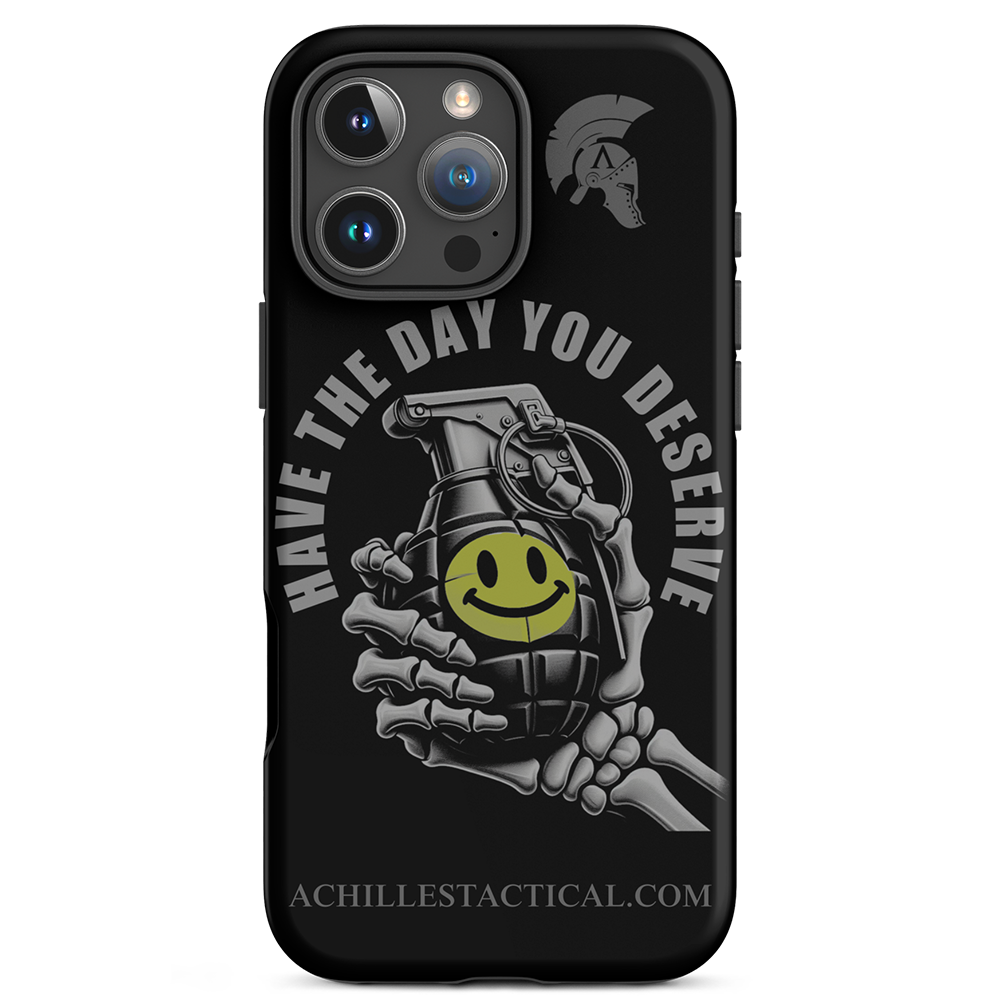 Front view of Achilles Tactical Clothing Brand case for iphone with the day you deserve design