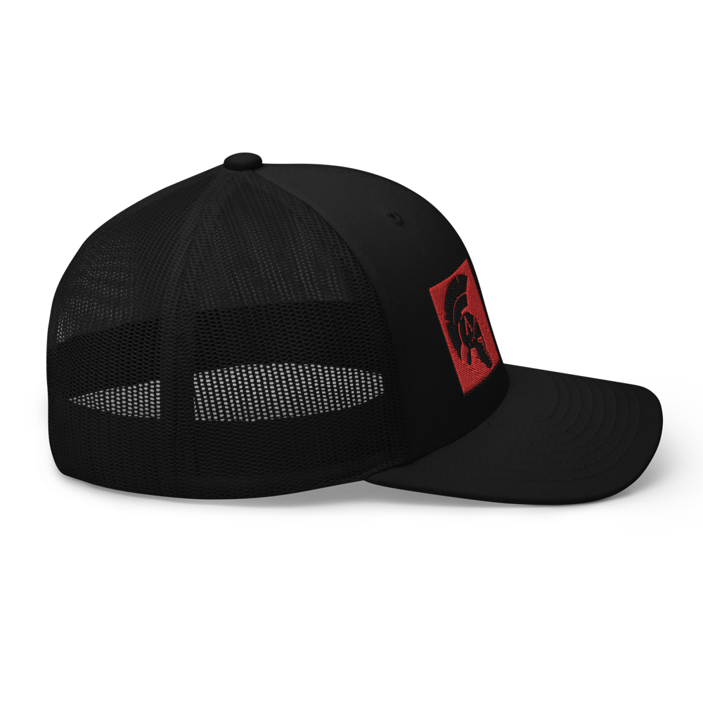 Right view mesh snap back embroidered achilles black cap