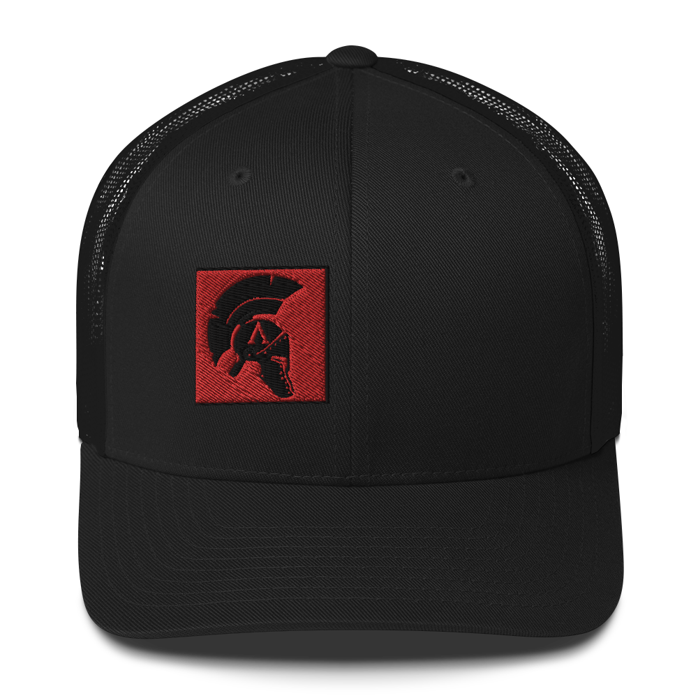 Top Front view mesh snap back embroidered achilles black cap