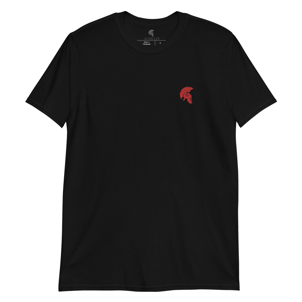 Black cotton Achilles Clothing Brand T-Shirt with Achilles Icon Helmet Embroidered on Left Chest