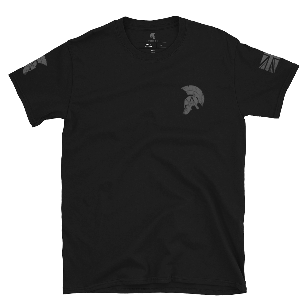 Black short sleeve unisex fit cotton T-Shirt by Achilles Tactical Clothing Brand printed with Achilles Helmet logo design across the front left chest