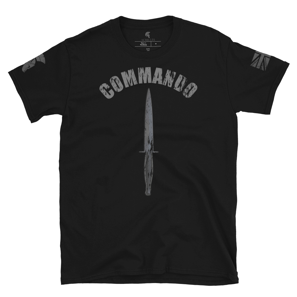 Black short sleeve unisex fit cotton T-Shirt by Achilles Tactical Clothing Brand printed with Commando and Dagger design across the front chest