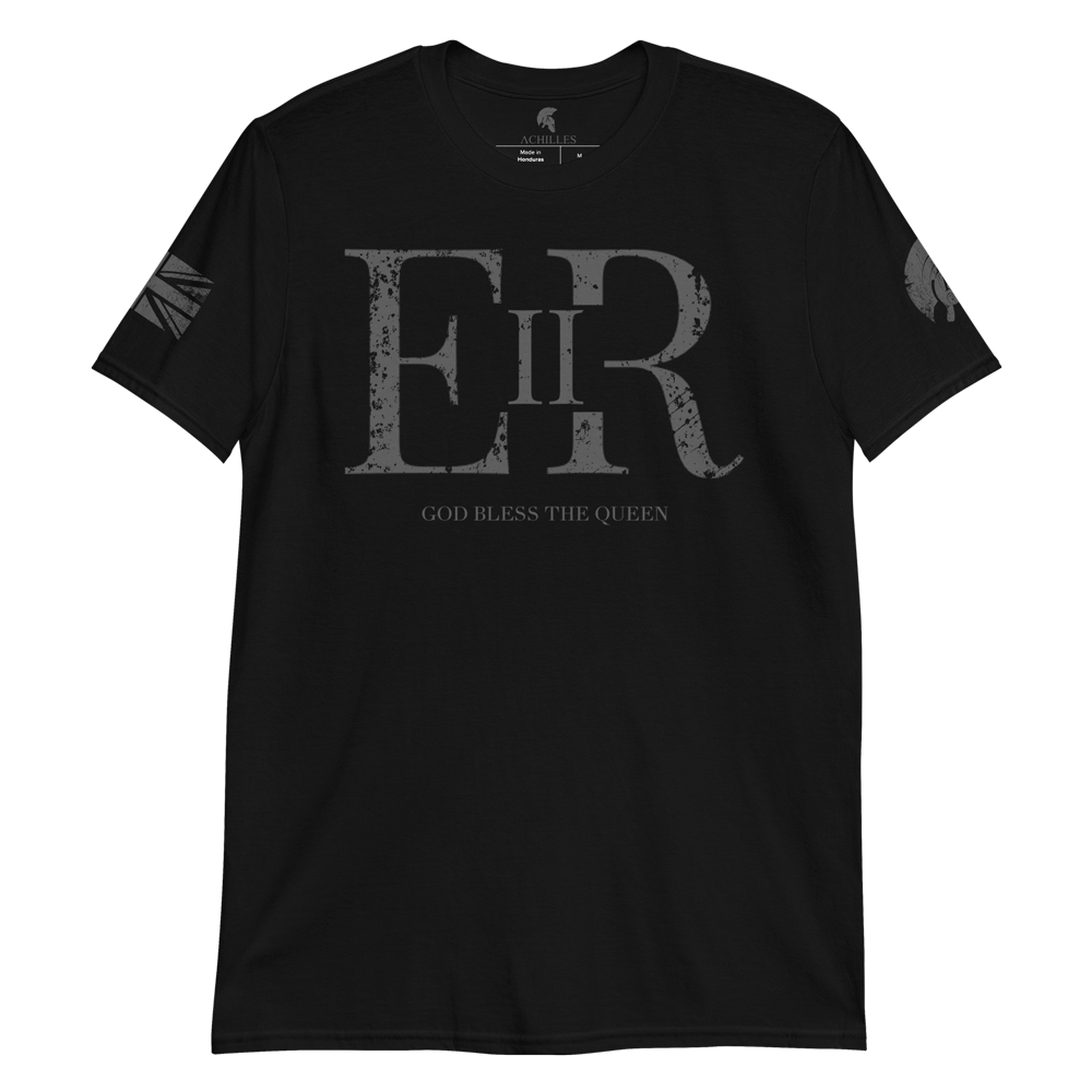 Black short sleeve unisex fit cotton T-Shirt by Achilles Tactical Clothing Brand printed with ER II Queen Elizabeth II God Bless The Queen across the chest by Achilles Tactical Clothing Brand