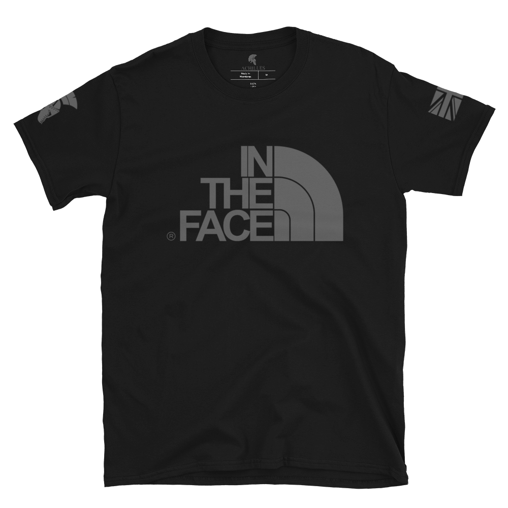 Black short sleeve unisex fit cotton T-Shirt by Achilles Tactical Clothing Brand printed with In The Face logo design across the Front