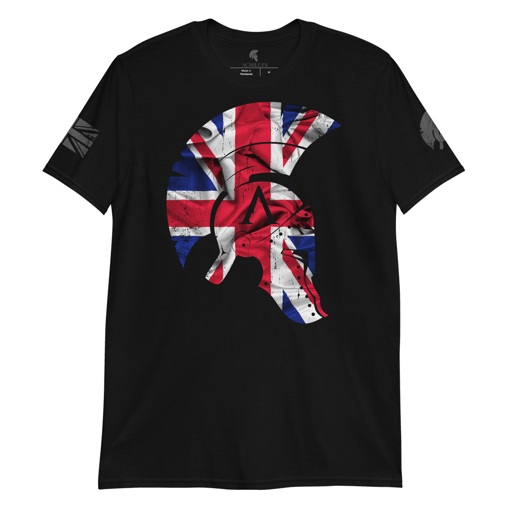 Black short sleeve unisex fit cotton T-Shirt by Achilles Tactical Clothing Brand printed with Large Achilles Icon Helmet with Union flag across the chest by Achilles Tactical Clothing Brand