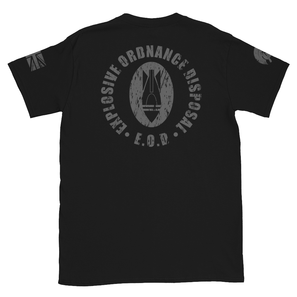 Black short sleeve unisex fit cotton T-Shirt by Achilles Tactical Clothing Brand printed with Large Bomb Logo and Explosive Ordnance Disposal design across the Back