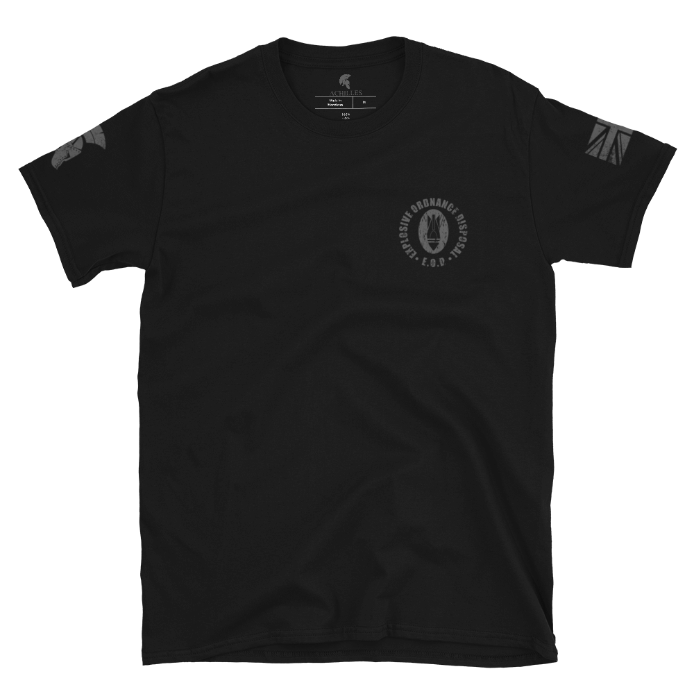Black short sleeve unisex fit cotton T-Shirt by Achilles Tactical Clothing Brand printed with Bomb Logo and Explosive Ordnance Disposal design across the left chest
