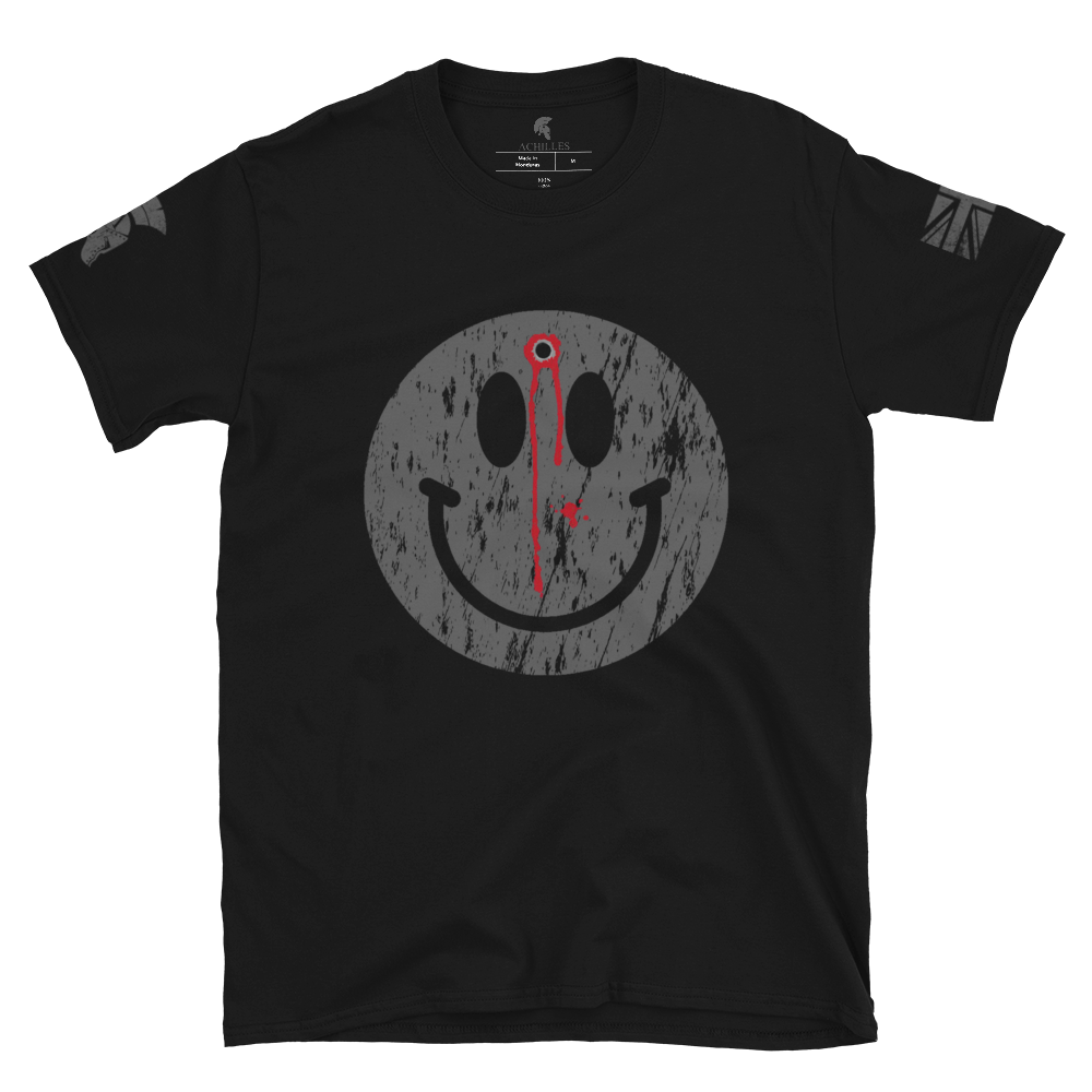 Black short sleeve unisex fit cotton T-Shirt by Achilles Tactical Clothing Brand printed with Smiley With A Head Shot image design across the Front