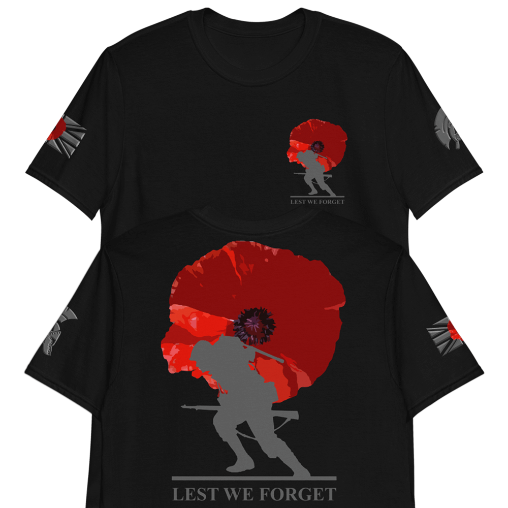 Black short sleeve unisex fit cotton T-Shirt by Achilles Tactical Clothing Brand printed with soldier and poppy lest we forget across the back