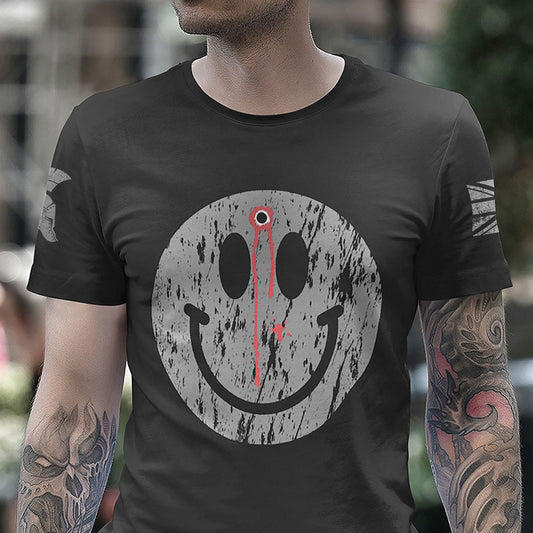 Close up of front of Man wearing Black short sleeve unisex fit cotton T-Shirt by Achilles Tactical Clothing Brand printed with Smiley With A Head Shot image design across the Front